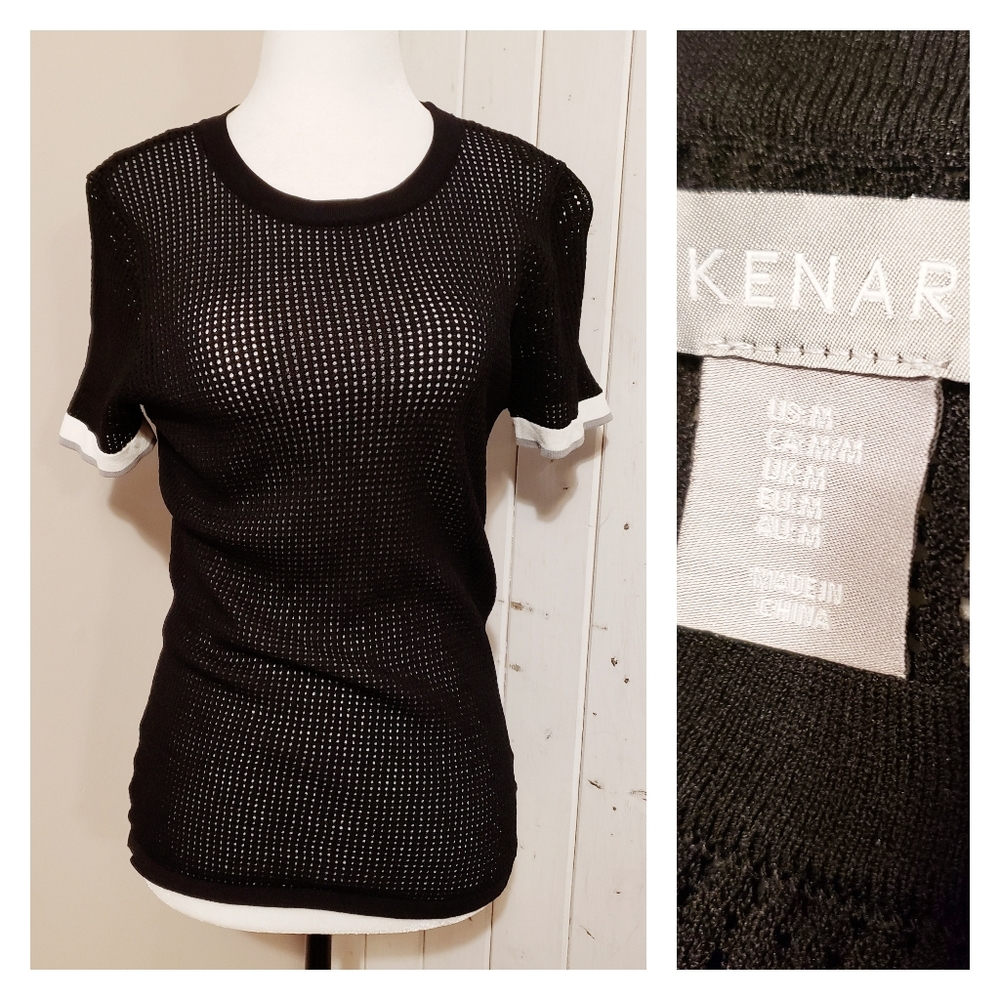 Y2k SEMI-SHEER MESH KNIT SHORT SLEEVE STRETCH BLA…